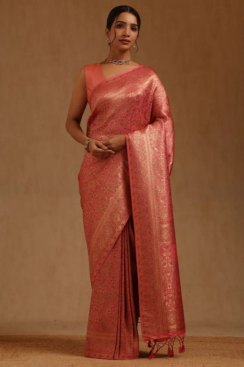 Pink Tussar Floral Zari Woven Saree